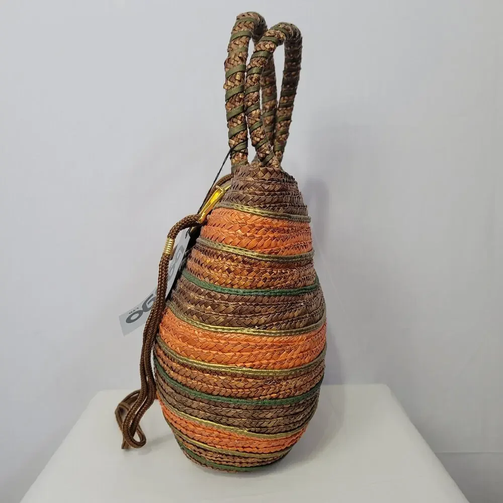 Vintage 90s Striped Straw Shoulder Hand Bag Multicolor Boho Beachy Vacation, New